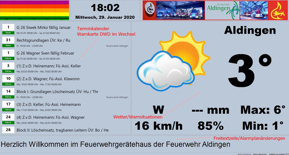 Anstehende Termine und Wetterdaten auf den 43-Zoll-Bildschirmen
